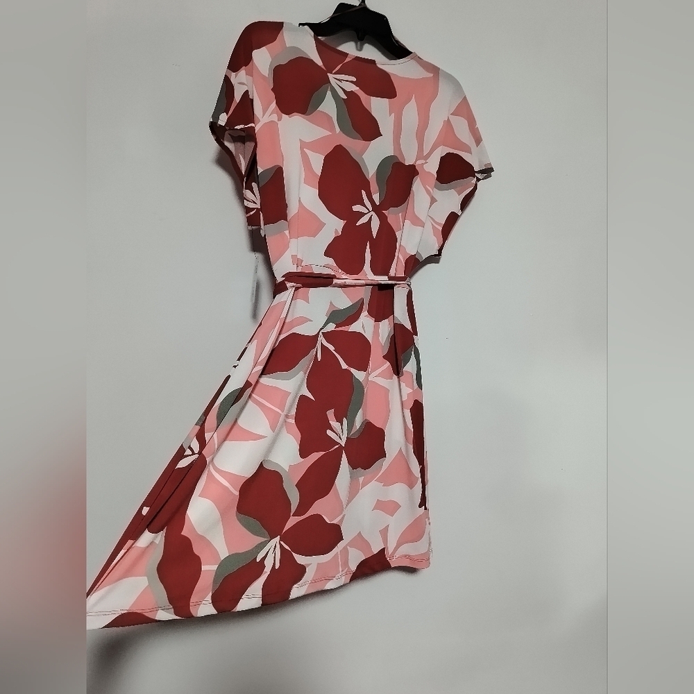 Nine West Pink and Red Floral Midi Dress with Belt